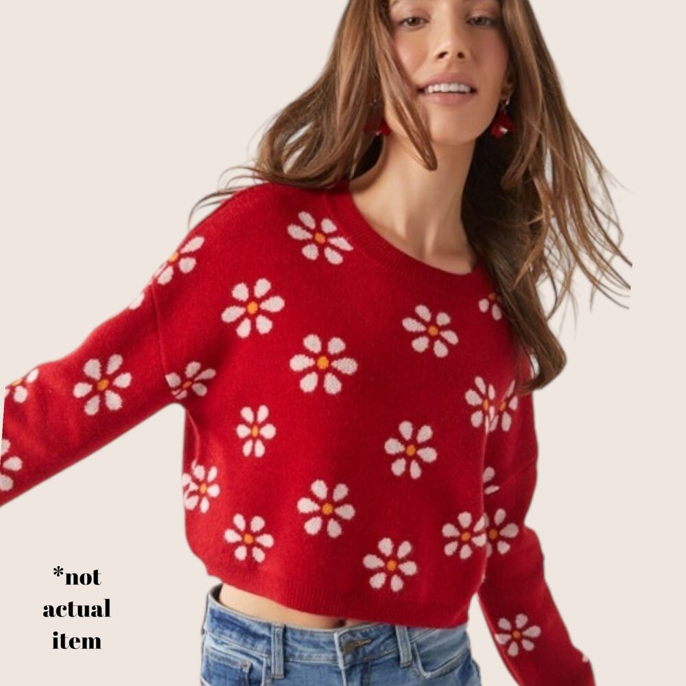 🌼 XL JOSELYN CREW NECK PULLOVER DAISY FLORAL SLIGHT CROP SWEATER Y2K STYLE RED